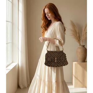 Vintage Brown Macramé Handbag with Tortoise-Shell Handles